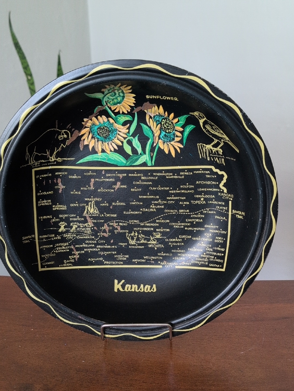 Vintage Souvenir Kansas Metal Tin Bowl with Sunflower Design